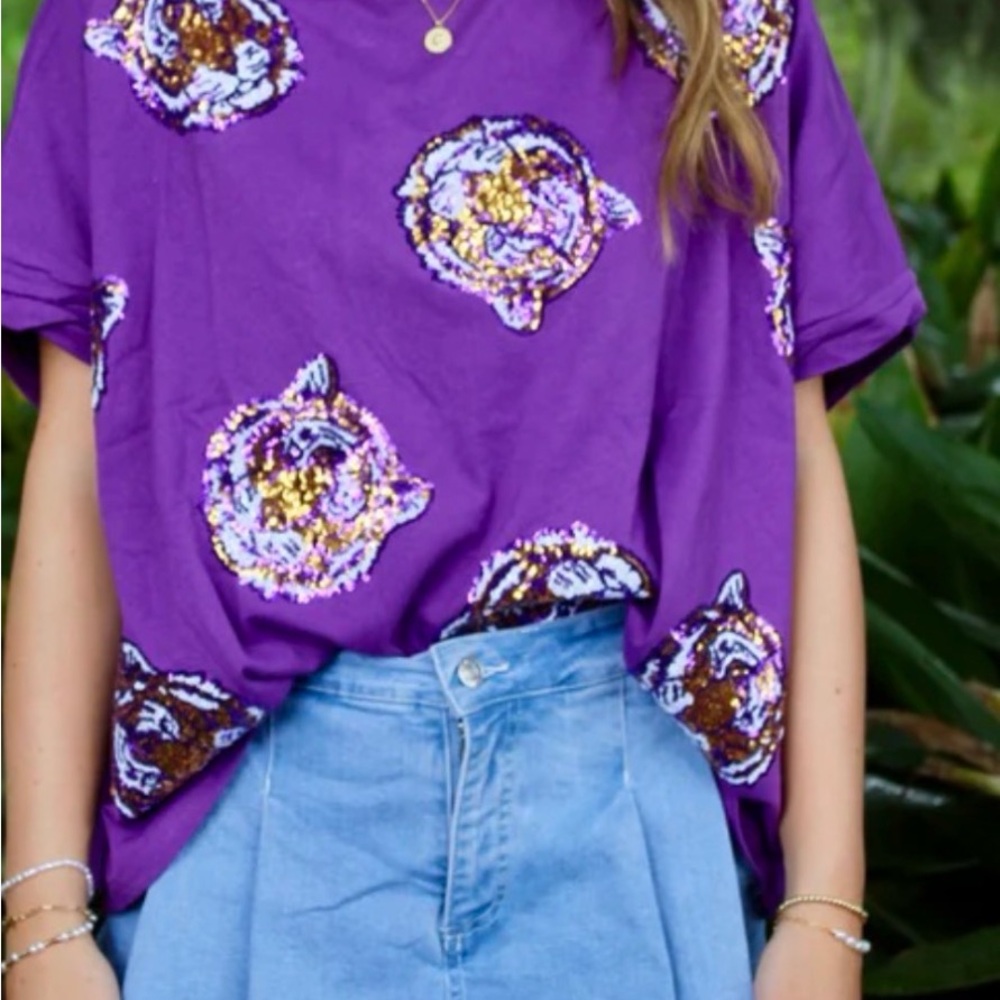 LSU inspired Purple Sequin Tiger Tee - Women's Short Sleeve